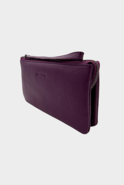 Deriza Mira Genuine Leather Women's Wallet with Plum Zipper