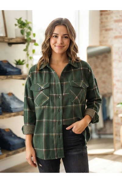 Polologin Butik Women's Dark Green Plaid Patterned Lumberjack Shirt