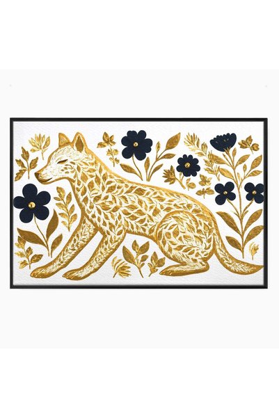 Luxcanva Tablou Canvas Eleganță Sălbatică cm cu Rama Negru Lup Floral Auriu