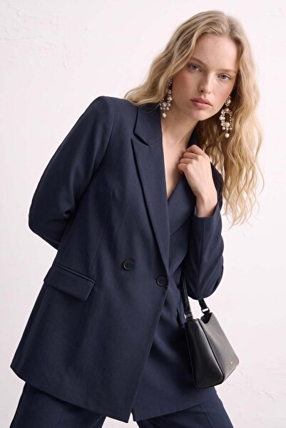 BARRELS AND OIL Women's Double Button Blazer Jacket - Navy Blue