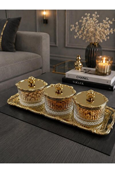 Aslı Hediyelik 3'lü Gül Detaylı Full Gold Çerezlik Sunumluk Baharatlık Dondur...