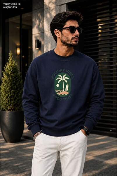 caddekombin Men'Sbad Holiday Vibes Palm Tree Printed Cycling Round Neck Casua...