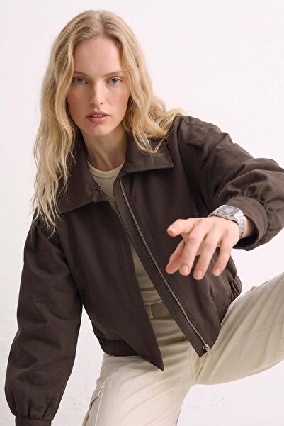 BARRELS AND OIL Women's Polo Collar Balloon Sleeve Jacket - Bitter Brown
