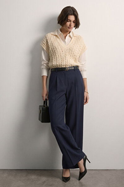 BARRELS AND OIL Women's Fabric Trousers with Waist Belt - Navy Blue