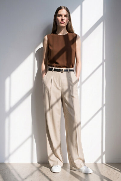 BARRELS AND OIL Women's Fabric Trousers with Waist Belt - Stone