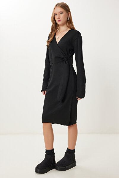 Lovelyİstanbul Double-Breasted Collar Knitwear Dress Lpf0102 Black