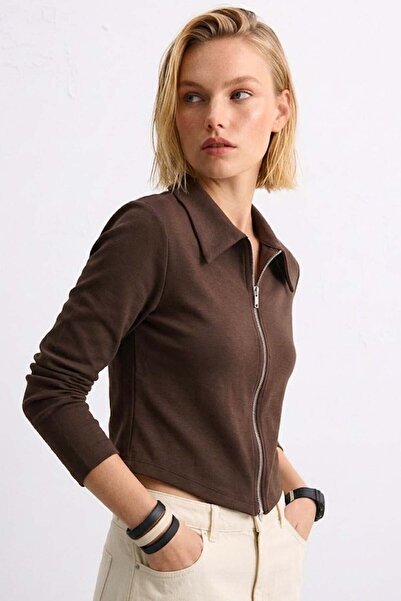 BARRELS AND OIL Women's Polo Collar Zippered Sweatshirt - Bitter Brown