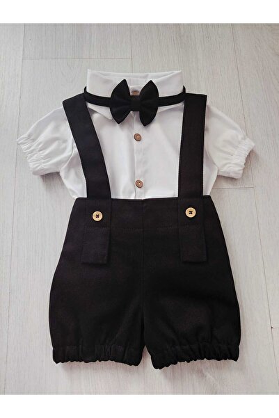 ykr design Yazlık Erkek Bebek Çocuk Şort Salopet Gömlek Papyon Siyah Takım