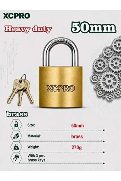 XCPRO قفل نحاسي، قفل متين، قفل بمفتاح - هيكل نحاسي صلب 50 مم، وزن 270 جرام، 3...