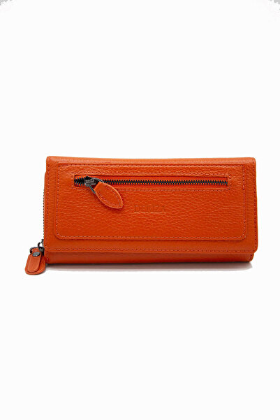 Deriza Jasei Genuine Leather Large Size Women's Wallet with Orange Zipper