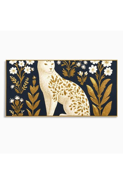 Luxcanva Tablou Canvas Leopard Regal cm cu Rama Auriu Leopard Flori Aur