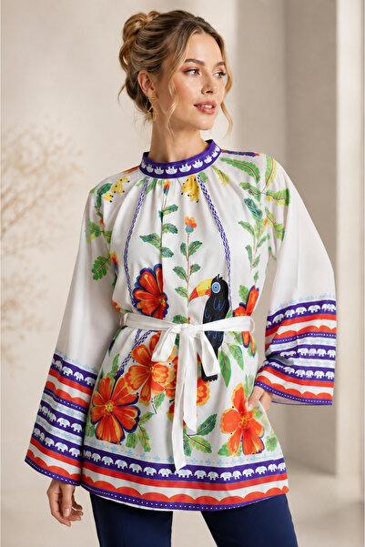 GLOW MUSE Oversize Geniş Kol Desenli Tunik -Beyaz