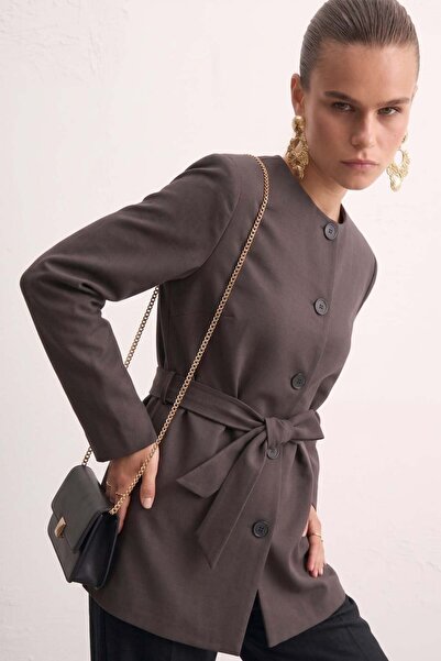 BARRELS AND OIL Women's Tie-Waist Crew Neck Jacket - Bitter Brown