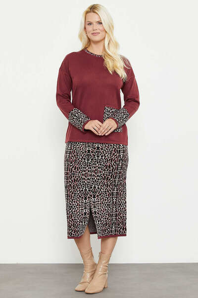 Sementa Patterned Combination Skirted Knitwear Set - Burgundy
