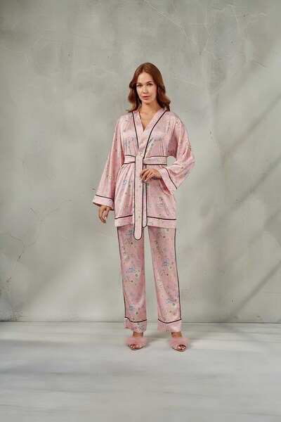 DAWN LİNE Kadın Zincir Desenli Saten Kimono Sabahlıklı Pijama Takımı VERONA &...