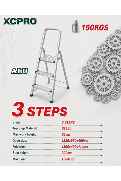 XCPRO Aluminum Step Ladder, Step Stool, Folding Ladder - 3 Step Steel Top Pla...