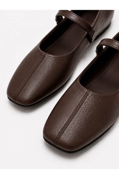 Lizy Shoes Women's Brown Leather Strappy Ballerinas with Gold Buckle, Square Toe, Daily Stylish and Comfortable Ballerinas
