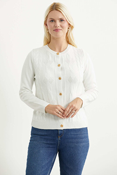 Sementa Motifed Round Neck Knitwear Cardigan - Bone