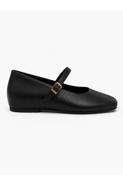 Lizy Shoes Women's Black Leather Strappy Ballerinas with Gold Buckle, Square Toe, Daily Stylish and Comfortable Ballerinas