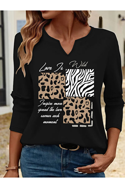 Deocept Printed Cotton Half V-Neck Long Sleeve Blouse T-Shirt