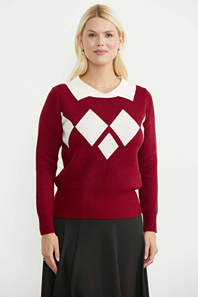 Sementa Collared Baklava Motif Knitwear Sweater - Red
