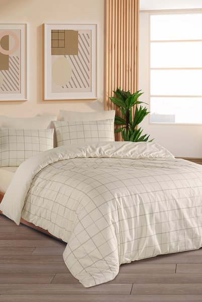 Karden Flower Dream Cotton Frame Beige 100% Cotton Poplin Double Duvet Cover Set