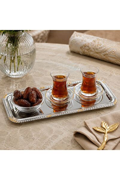 Dania Stainless Steel Rectangular Serving Tray Shiny Silver and Gold Decorati...