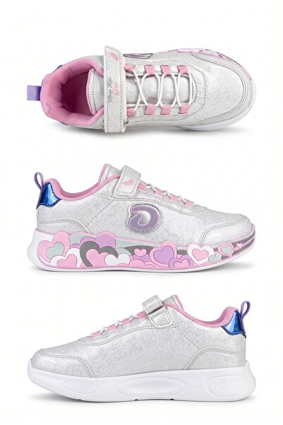 Ekonomik Ayakkabı Girl's Silver Pink Glittery Heart Patterned Velcro Casual S...