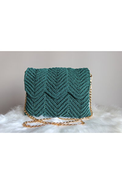 Kadın Gold Zincir Askılı Makrome İp Örgü Çanta Şık Clutch Abiye ve Omuz Çantası