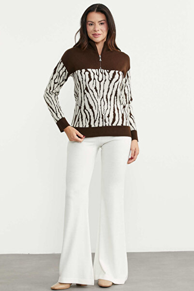 Sementa Zebra Patterned Half-Zip Knit Sweater - Brown
