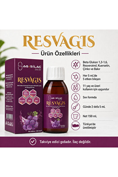 RESVAGİS Beta Glukan Resveratrol Kuersetin Çinko Bakır İçeren Sıvı Takviye 15...