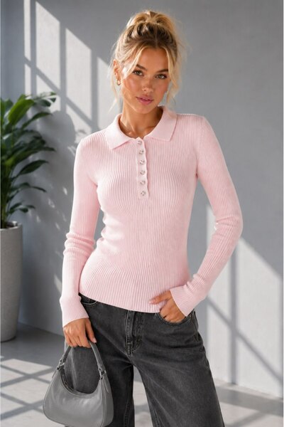 Noi Belis Pulover subțire din tricot, cu guler polo, cu nasturi, croială slim...