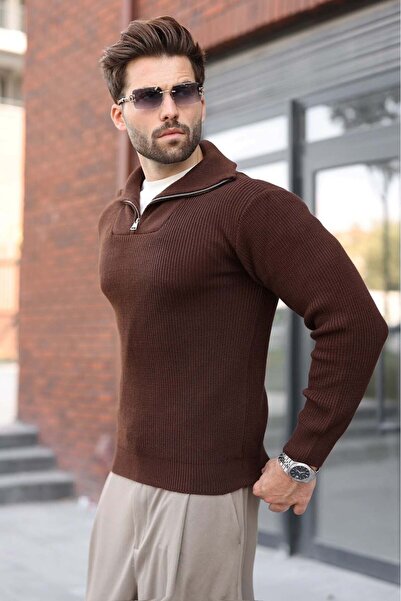 Madmext Brown Half-Zip Turtleneck Men's Knitwear Sweater E7513