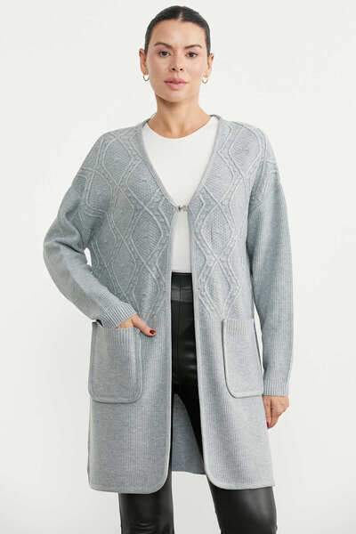 Sementa Motifli Agraf Detailed Long Knitwear Cardigan - Gray