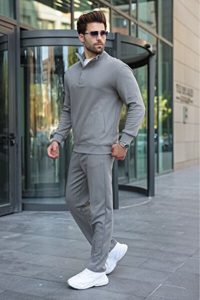 Madmext Smoked Stand Collar Half Zipper Pocketed Men's Tracksuit Set E7373