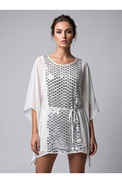 Herry Kadın Büyük Beden Uyumlu Pul Payet İşlemeli Şifon Kaftan Tunik Elbise