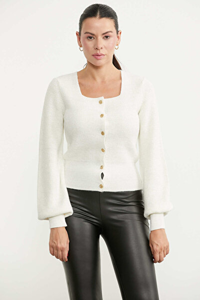 Sementa Button Detailed Square Collar Knitwear Cardigan - Bone