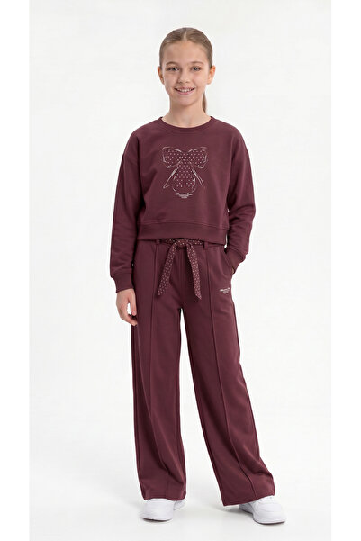 Mışıl Kids Bowknot Printed Legs Ribbed Stitching Girls' Top and Bottom Tracks...