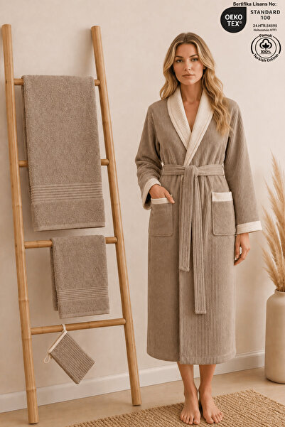 Ellaline Eldy Kontrast Women's Robe Set, 4 Pieces, 100% Cotton Certified Shaw...