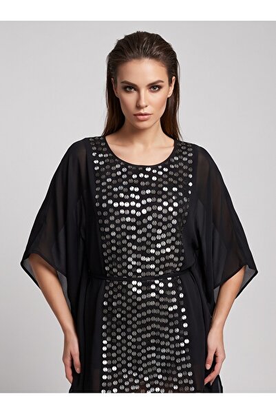 Herry Kadın Büyük Beden Uyumlu Pul Payet İşlemeli Şifon Kaftan Tunik Elbise