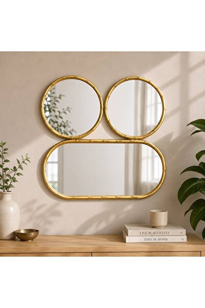 Generic Set of 3 Decorative Wall Mirrors, 1 Oval and 2 Round, Gold Frame with...