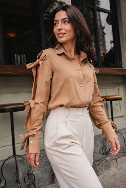 armonika Women's Mink Sleeves Slit Shirt with Lace Detail Arm-26Y001058