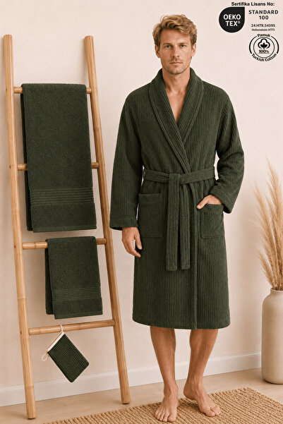 Ellaline Eldy Men's Bathrobe Set, 4 Pieces, 100% Cotton Certified Shawl Colla...