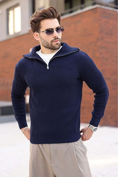 Madmext Navy Blue Half-Zip Turtleneck Men's Knitwear Sweater E7513