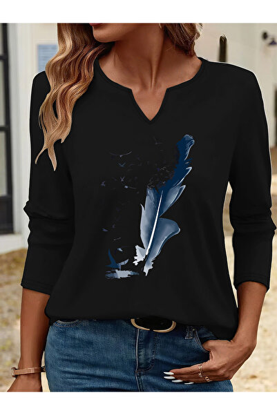 Deocept Printed Cotton Half V-Neck Long Sleeve Blouse T-Shirt