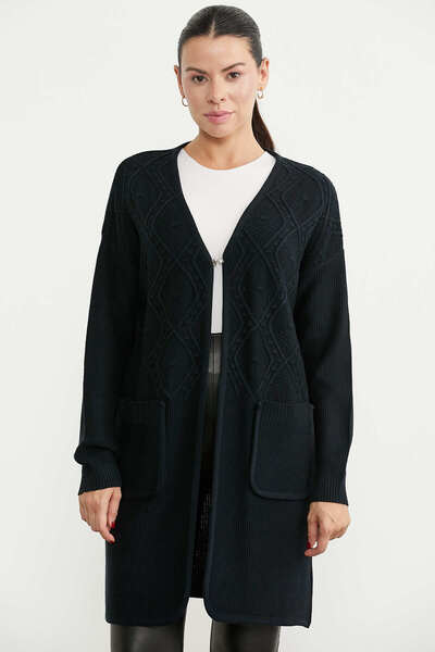 Sementa Motifli Agraf Detailed Long Knitwear Cardigan - Black