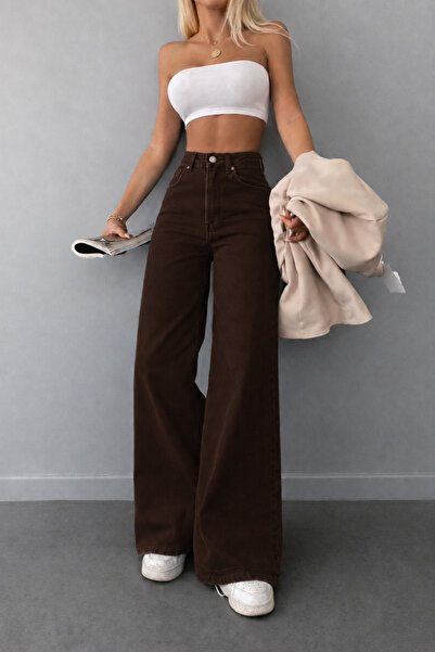 connemara Women's Bitter Brown High Waist Wide Leg Palazzo Jean Trousers