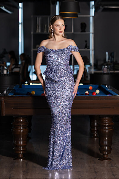 Abiyefon İndigo Kayık Yaka Peplum Kesim Uzun Pullu Abiye ABU6359