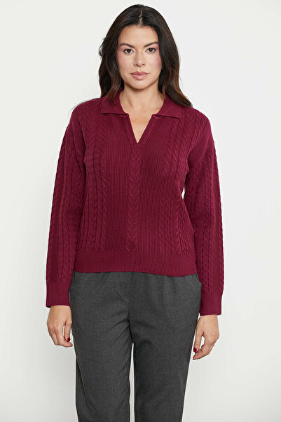 Sementa Motif Detailed Polo Collar Knit Sweater - Claret Red