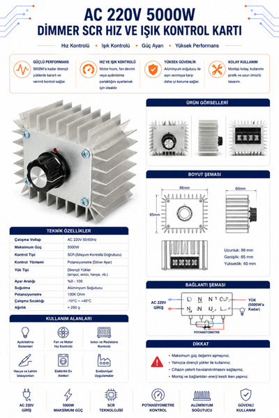 RobotikDepo AC 220V 5000W Dimmer - SCR Hız ve Işık Kontrol Kartı